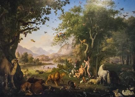 Original painting Adam and Eve in the garden of Eden. Great canvas ‘Adam and Eve in the Garden of Eden’ painted by Wenzel Peter in 1745. In Vatican museums Pinacoteca, Rome. Dreamstime/TCA