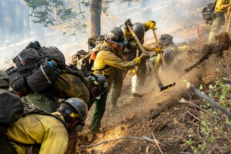 Cutting fire lines to prevent wildfires from spreading is physically exhausting work, and firefighters often work long shifts.
Joe Bradshaw/BLM