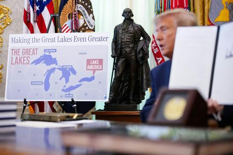 President Trump signed an executive order on Aug. 27, 2026, to rename Lake Ontario 'Lake America' amid an ongoing trade war between the U.S. and Canada. Andrew Harnik/Getty Images