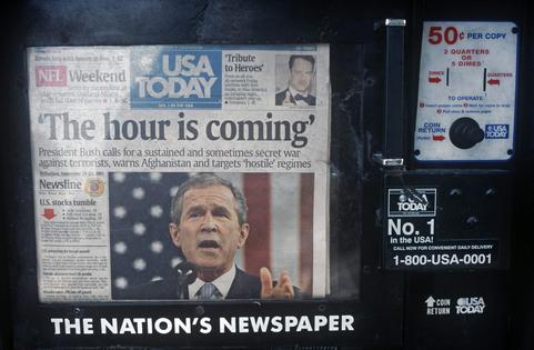 A week after the 9/11 attacks, the front page of USA Today runs a quote from President George W Bush – ‘The hour is coming’ – a message of imminent reprisals against al-Qaida.
              Richard Baker/In Pictures via Getty Images Images