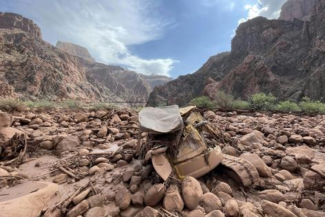 Mud and debris, including a mangled piece of construction equipment, remain after a flash flood in Grand Canyon National Park on Aug. 31, 2026. Katherine Hensel/National Park Service via AP