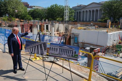 WASHINGTON, DC - MAY 19: U.S. President Donald Trump speaks to the media alongside posters of his proposed White House ballroom amid construction at the White House on May 19, 2026 in Washington, DC. The Senate parliamentarian ruled this week that taxpayer funds in the budget reconciliation package cannot be used for a $1 billion provision intended to fund security for Trump’s White House ballroom. (Photo by Chip Somodevilla/Getty Images)