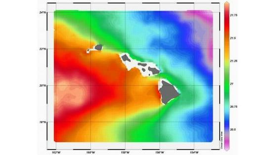 The cooler waters to the east of Hawaii are evident in this map of average ocean temperature differences. It shows temperatures in Celsius at water depths between 20 meters and 1,000 meters (65 feet and 3,280 feet) for the two years from July 1, 2007, through June 30, 2009.
Gerard Nihous with data from HYCOM and U.S. Navy, CC BY