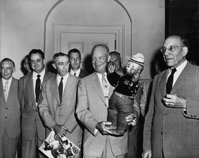 President Dwight D. Eisenhower holds a Smokey Bear doll. The mascot, introduced in 1944, and its long-running public service campaigns represented the Forest Service strategy of putting out every fire, a strategy that left forests across the West primed to burn.
U.S. Forest Service