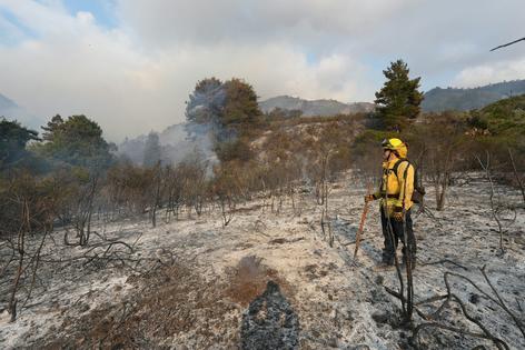 A firefighter stands on a burned area in steep, rugged mountains near Big Sur, Calif. Fires are natural parts of the landscape and can clear out excess brush, but letting them burn, unless they’re carefully managed fires, is rarely considered.
Wai Lee Michael Ho/SOPA Images/LightRocket via Getty Images