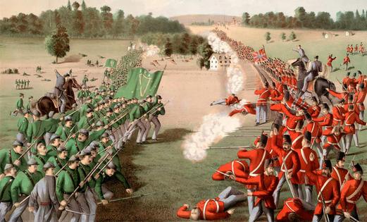 A depiction of Fenians, wearing green uniforms, attacking British troops in Canada at the Battle of Ridgeway, near Niagara, on June 2, 1866.
Wikimedia Commons, CC BY
