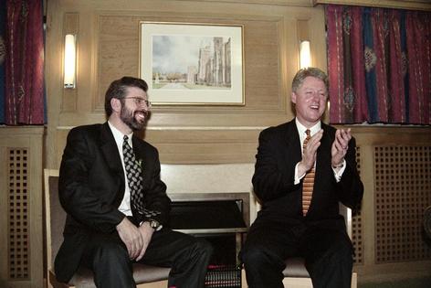 U.S. President Bill Clinton with Sinn Fein leader Gerry Adams on Nov. 30, 1995.
Luke Frazza/AFP via Getty Images