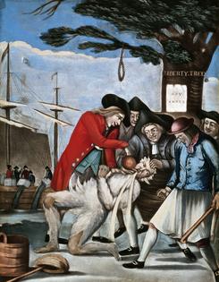 Members of the Sons of Liberty tar British supporter John Malcolm in January 1774.
DeAgostini/Getty Images