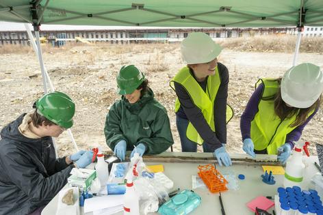 From left, first-year student Charlie Stanczek, lab manager Mara Kessler, professor Catherine Armbruster and second-year Ph.D. student Betsy Lewis work on soil samples.
              Kevin Lorenzi/Mellon College of Science, Carnegie Mellon University