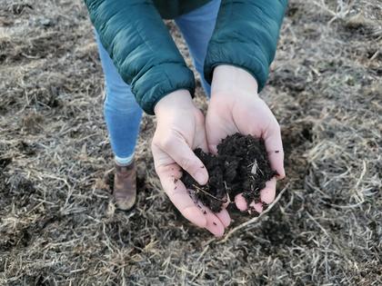 Jennifer, a seventh-generation cattle rancher in Georgia, inspects soil quality on her family's land. Sydney Giacalone