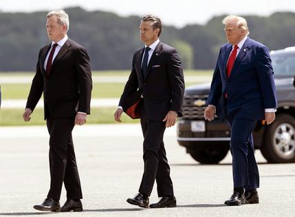 Army Secretary Dan Driscoll, Secretary of Defense Pete Hegseth and President Donald Trump attend a dignified transfer on July 22, 2026, for casualties of the Iran war. Kevin Dietsch/Getty Images News via Getty Images