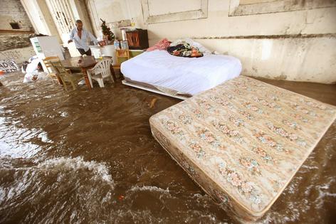 In the Los Angeles area, homeless people often set up camp in normally dry riverbeds. But those areas are at high risk of flooding during El Niño. Heavy rains during the 2015-16 El Niño swept away this camp’s mattresses.
Genaro Molina/Los Angeles Times via Getty Images