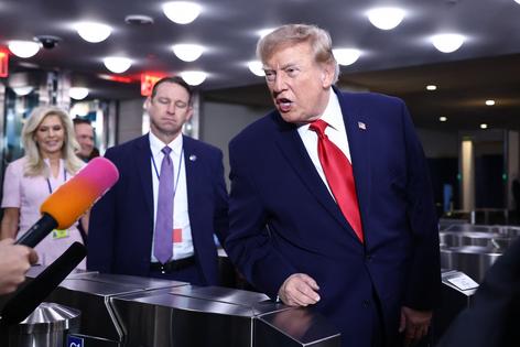 U.S. President Donald Trump speaks briefly to the press as he arrives during the 81st United Nations General Assembly at the United Nations Headquarters in New York, on Sept. 22, 2026. (Charly Triballeau/AFP via Getty Images/TCA)