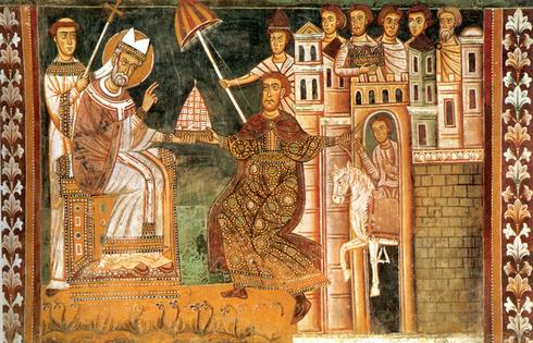 A fresco in the San Silvestro Chapel of Santi Quattro Coronati in Rome depicts Constantine the Great offering a crown to Pope Sylvester I. Unknown medieval artist in Rome via Wikimedia Commons