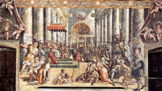 A 16th-century painting imagines Constantine I ceding land to Pope Sylvester I.
Vatican Museums via Wikimedia Commons