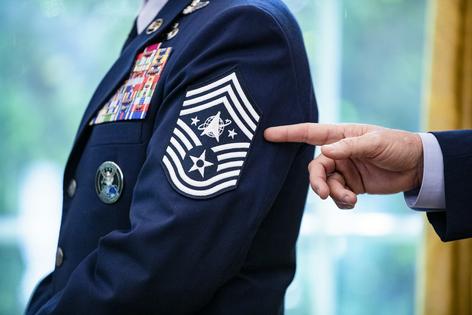 The Space Force’s insignia for its top enlisted rank, shown at the White House in May 2020.
Samuel Corum-Pool/Getty Images News via Getty