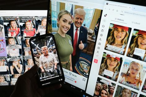 In this photo illustration created in May 2026, AI-generated images posted on AI influencers’ social media accounts depict a blonde woman lavishing praise on President Donald Trump while criticizing his rivals.
              Chris Delmas/AFP via Getty Images