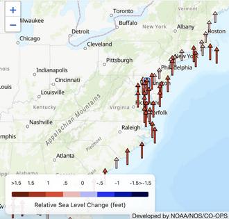 Arrows represent the direction and magnitude of relative sea-level change along the U.S. East Coast.
              NOS/NOAA/CO-OPS