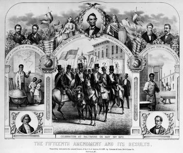 An 1870 print celebrating the ratification of the 15th Amendment, which sought to protect the rights of formerly enslaved people.
              MPI Images/Getty