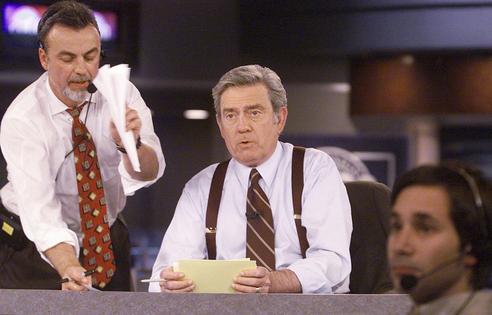 CBS News anchor Dan Rather rehearses for election night coverage on Nov. 3, 2000, in New York. AP Photo/Mark Lennihan
