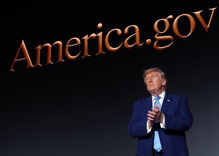 U.S. President Donald Trump applauds on stage during the America.gov launch event at Andrew W. Mellon Auditorium on Sept. 29, 2026, in Washington, D.C. (Kevin Dietsch/Getty Images/TNS)