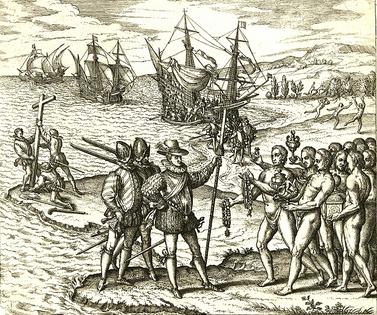 An engraving by 16th-century illustrator Theodor de Bry shows how he pictured Columbus landing on the island of Hispaniola in 1492.
              Library of Congress via Wikimedia Commons