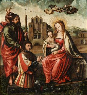 A 16th-century painting, ‘The Virgin of Cristobal Colon,’ shows Columbus with his namesake, St. Christopher, as Columbus kneels before Mary and Jesus.
              Lazaro Galdiano Museum/Google Arts and Culture via Wikimedia Commons