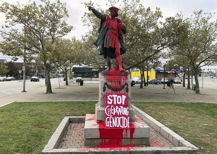A vandalized statue of Christopher Columbus sits in a park in Providence, R.I., on Oct. 14, 2019.
              AP Photo/Michelle R. Smith, File