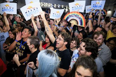Supporters of Democratic congressional candidate Melat Kiros, a member of the Democratic Socialists of America, celebrate in Denver on June 30, 2026, after Kiros defeated incumbent U.S. Rep. Diana DeGette in the primary.
              Michael Ciaglo/Getty Images
