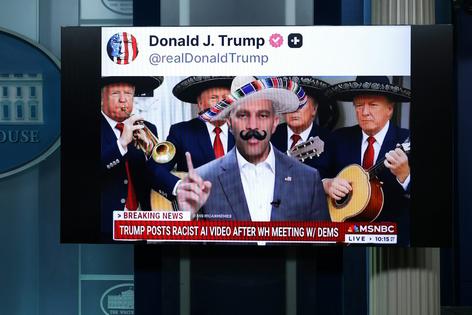 AI-modified videos of House Minority Leader Hakeem Jeffries posted by President Donald Trump were displayed at the White House in October 2025.
Alex Wong/Getty Images News via Getty Images