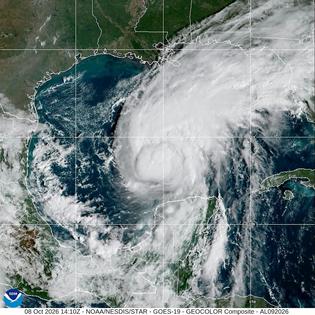 Hurricane Isaias faced strong winds as it moved across the Gulf of Mexico. The wind influence is evidence in the storm’s lopsided rain bands, primarily pushed to its northeast, on Oct. 8, 2026.
NOAA