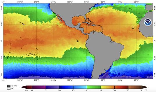 Sea surface temperatures on Oct. 6, 2026, show the very warm water in the western Gulf of Mexico, where a tropical storm grew into Hurricane Isaias the following day. Water that is over 80 degrees Fahrenheit (26.5 degrees Celsius) can fuel hurricanes.
              NOAA