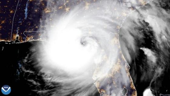 A satellite image shows Hurricane Helene making landfall on Sept. 26, 2024, near Perry, Fla. The storm carried a lot of water far inland, causing flooding in the North Carolina mountains.
              NOAA National Environmental Satellite, Data, and Information Service