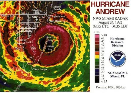 Hurricane Andrew wasn’t very big when it made landfall on Elliott Key, Fla., near Miami, on Aug. 24, 1992, but it was powerful and extremely destructive.
              National Hurricane Center