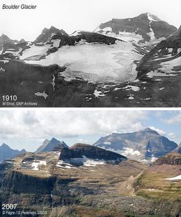 Two images of Montana’s Boulder Glacier, from 1910 and 2007, show how the ice in shaded areas survived longer.
              USGS
