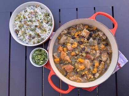 You can make this colorful stew several days in advance and warm it gently on the stovetop, and the slaw offers a little cool down on the side. (JeanMarie Brownson/TCA)