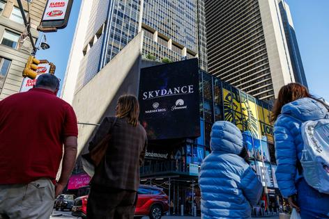 A Skydance billboard outside of Paramount headquarters in Times Square in New York on Oct. 6, 2026. Adam Gray/Getty Images