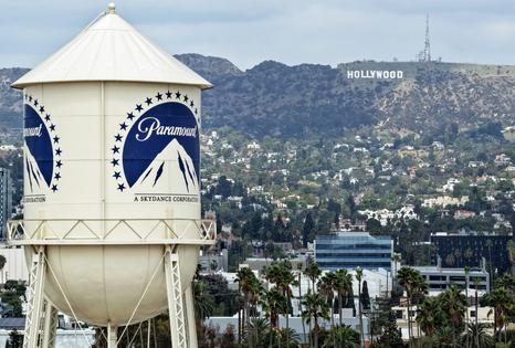 An aerial view of the Paramount logo displayed on the water tower at Paramount Studios on Sept. 21, 2026, in Los Angeles.
              Mario Tama/Getty Images