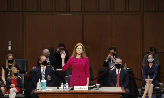 Amy Coney Barrett is sworn in during the Senate Judiciary Committee confirmation hearing for Supreme Court justice on Oct. 12, 2020, in Washington, D.C.
              Shawn Thew-Pool/Getty Images