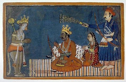 An illustrated manuscript of the ‘Ramayana’ from 1725 shows devotee Hanuman standing before Rama and Sita.
Mandi Pahari school via Wikimedia Commons
