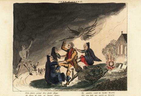 An engraving from 1826 shows a Scottish traveler fighting witches and demons in a church graveyard. Florilegius/Universal Images Group via Getty Images