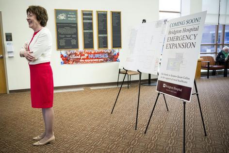 On May 5, 2026, Sen. Susan Collins stands in front of posters announcing expansion plans for Bridgton Hospital, for which she helped get federal funding.
Graeme Sloan/Getty Images