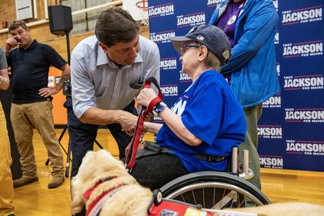Maine Democratic Senate candidate Troy Jackson greets supporters at a town hall on Sept. 13, 2026, in Biddeford, Maine.
Joseph Prezioso/Getty Images
