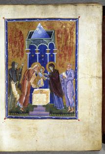 A scene by Toros Roslin, an Armenian manuscript illustrator who lived in the 13th century, depicts a baby Jesus being presented in the Temple.
Walters Art Museum via Wikimedia Commons