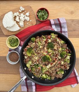 A hearty beef and rice skillet with mushrooms, sun-dried tomatoes and broccoli makes family dinner flavorful and weeknight-friendly. (JeanMarie Brownson/TCA)