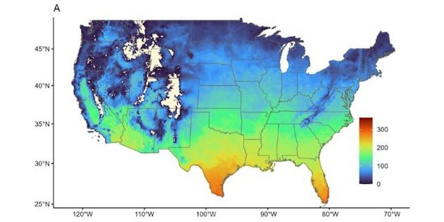 Temperatures are becoming more conducive to disease-spreading mosquitoes. The map reflects the number of days in 2025 that a location was within temperature suitability range for dengue transmission by Aedes aegypti.
Sadie Ryan, using gridMET data from Climatology Lab