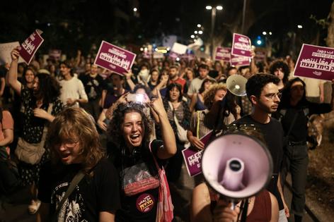 Israeli left-wing protesters call for the formation of a government including Arab parties.
Ilia Yefimovich/AFP via Getty Images