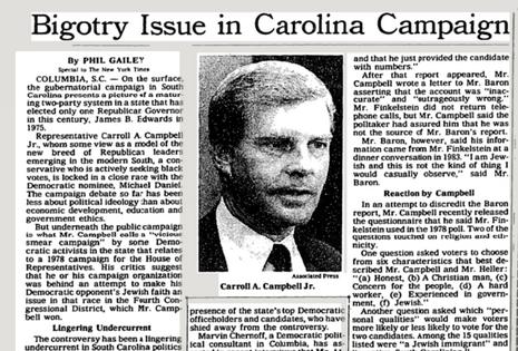 A spoiler candidate who made antisemitic remarks in a 1978 South Carolina campaign for the House of Representatives became a campaign issue eight years later.
              New York Times archive