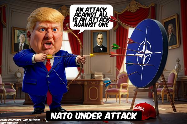 click or tap to zoom Trump shooting arrows at NATO board