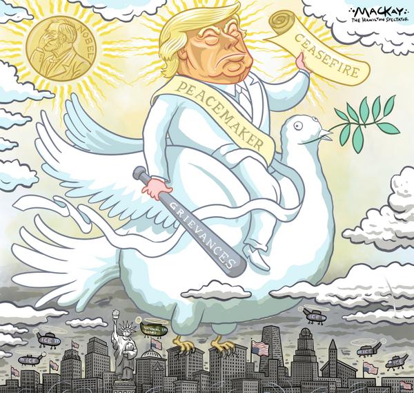 Trump rides a peace dove armed with a stick